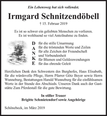 Traueranzeige von Irmgard Schnitzendöbell  von Magdeburger Volksstimme
