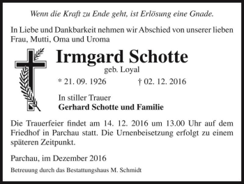 Traueranzeige von Irmgard Schotte (geb. Loyal)  von Magdeburger Volksstimme