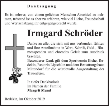 Traueranzeige von Irmgard Schröder  von Magdeburger Volksstimme