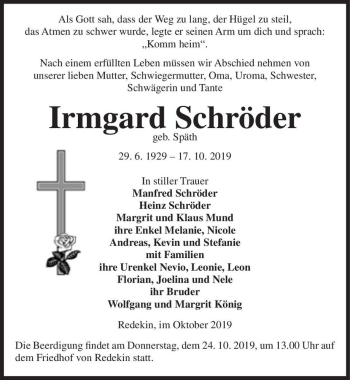 Traueranzeige von Irmgard Schröder (geb. Späth)  von Magdeburger Volksstimme