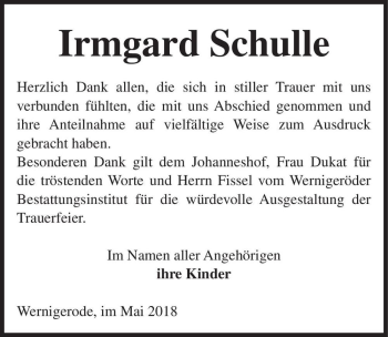 Traueranzeige von Irmgard Schulle  von Magdeburger Volksstimme