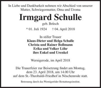 Traueranzeige von Irmgard Schulle (geb. Brüsch)  von Magdeburger Volksstimme