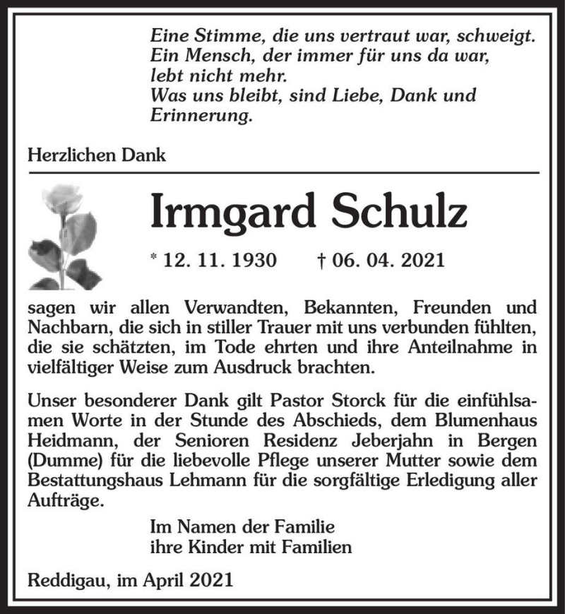  Traueranzeige für Irmgard Schulz  vom 24.04.2021 aus Magdeburger Volksstimme