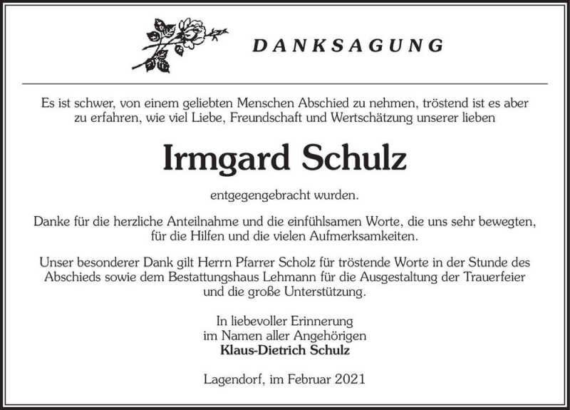  Traueranzeige für Irmgard Schulz  vom 26.02.2021 aus Magdeburger Volksstimme
