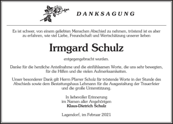 Traueranzeige von Irmgard Schulz  von Magdeburger Volksstimme