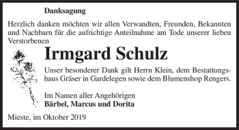 Traueranzeige von Irmgard Schulz  von Magdeburger Volksstimme