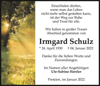 Traueranzeige von Irmgard Schulz  von Magdeburger Volksstimme