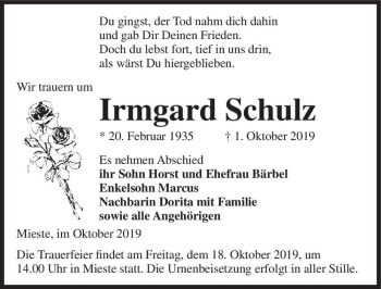 Traueranzeige von Irmgard Schulz  von Magdeburger Volksstimme