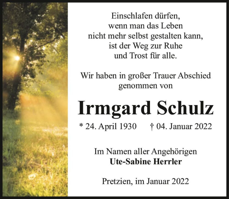  Traueranzeige für Irmgard Schulz  vom 22.01.2022 aus Magdeburger Volksstimme