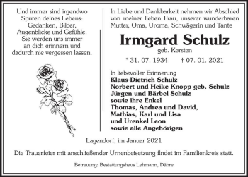 Traueranzeige von Irmgard Schulz (geb. Kersten)  von Magdeburger Volksstimme