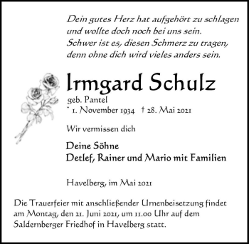 Traueranzeige von Irmgard Schulz (geb. Pantel)  von Magdeburger Volksstimme