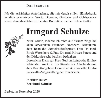 Traueranzeige von Irmgard Schulze  von Magdeburger Volksstimme