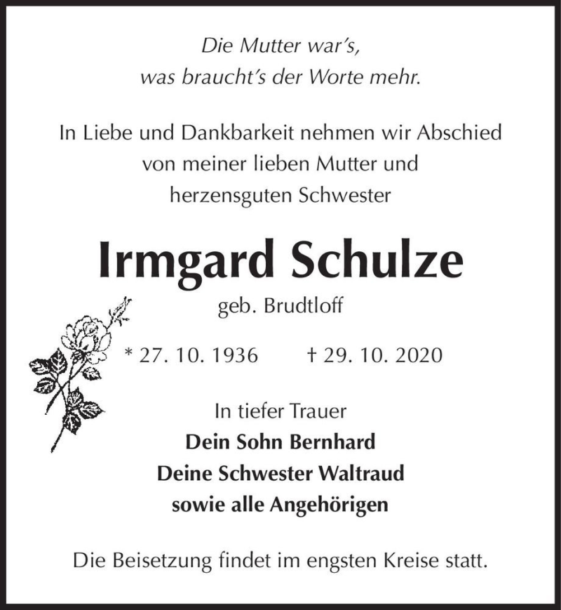  Traueranzeige für Irmgard Schulze (geb. Brudtloff)  vom 07.11.2020 aus Magdeburger Volksstimme