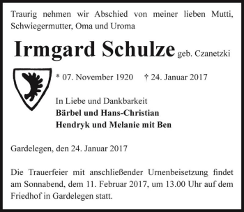 Traueranzeige von Irmgard Schulze (geb. Czanetzki)  von Magdeburger Volksstimme