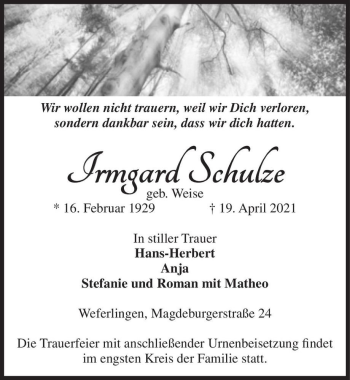 Traueranzeige von Irmgard Schulze (geb. Weise)  von Magdeburger Volksstimme