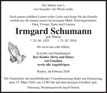 Traueranzeige von Irmgard Schumann (geb. Pfanne)  von Magdeburger Volksstimme