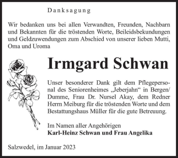 Traueranzeige von Irmgard Schwan  von Magdeburger Volksstimme