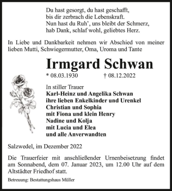 Traueranzeige von Irmgard Schwan  von Magdeburger Volksstimme