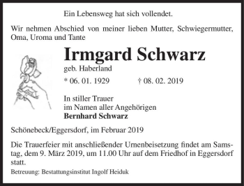 Traueranzeige von Irmgard Schwarz (geb. Haberland)  von Magdeburger Volksstimme