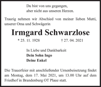 Traueranzeige von Irmgard Schwarzlose  von Magdeburger Volksstimme