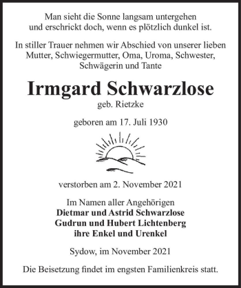 Traueranzeige von Irmgard Schwarzlose (geb. Rietzke)  von Magdeburger Volksstimme
