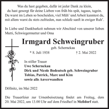Traueranzeige von Irmgard Schweingruber (geb. Schernekau)  von Magdeburger Volksstimme
