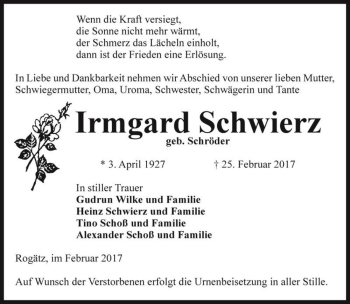 Traueranzeige von Irmgard Schwierz (geb. Schröder)  von Magdeburger Volksstimme