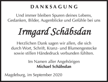 Traueranzeige von Irmgard Schäbsdan  von Magdeburger Volksstimme