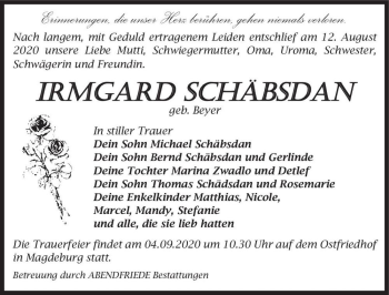 Traueranzeige von Irmgard Schäbsdan (geb. Beyer)  von Magdeburger Volksstimme