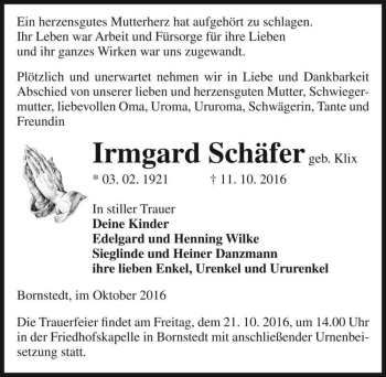 Traueranzeige von Irmgard Schäfer (geb. Klix)  von Magdeburger Volksstimme