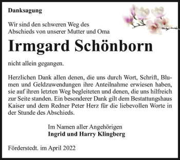 Traueranzeige von Irmgard Schönborn  von Magdeburger Volksstimme