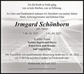 Traueranzeige von Irmgard Schönborn (geb. Hesse)  von Magdeburger Volksstimme