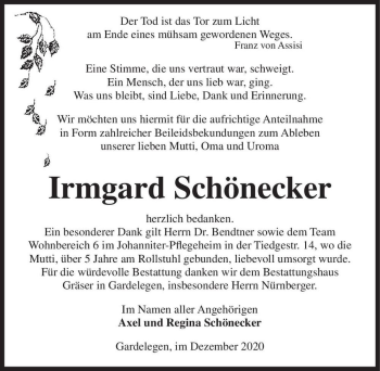 Traueranzeige von Irmgard Schönecker  von Magdeburger Volksstimme