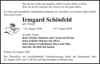 Traueranzeige von Irmgard Schönfeld (geb. Timme)  von Magdeburger Volksstimme