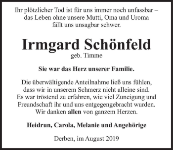 Traueranzeige von Irmgard Schönfeld (geb. Timme)  von Magdeburger Volksstimme
