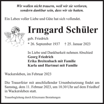 Traueranzeige von Irmgard Schüler (geb. Friedrich)  von Magdeburger Volksstimme