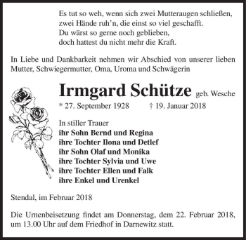 Traueranzeige von Irmgard Schütze (geb. Wesche)  von Magdeburger Volksstimme