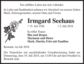 Traueranzeige von Irmgard Seehaus  von Magdeburger Volksstimme