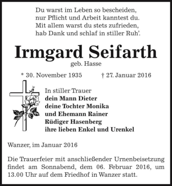 Traueranzeige von Irmgard Seifarth (geb. Hasse)  von Magdeburger Volksstimme