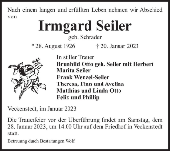 Traueranzeige von Irmgard Seiler (geb. Schrader)  von Magdeburger Volksstimme
