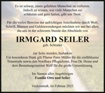 Traueranzeige von Irmgard Seiler (geb. Schrader)  von Magdeburger Volksstimme