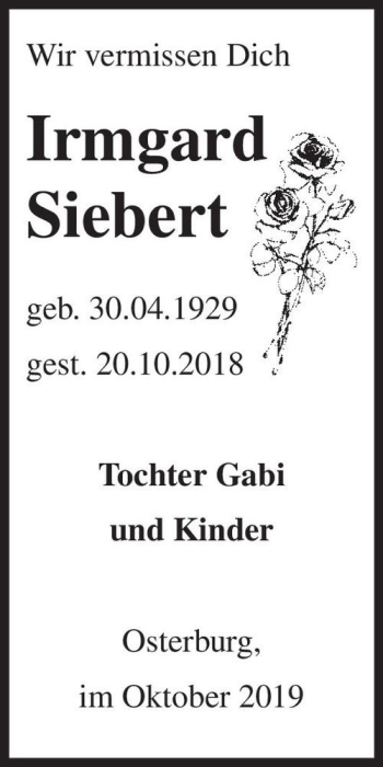 Traueranzeige von Irmgard Siebert  von Magdeburger Volksstimme