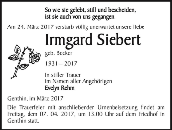 Traueranzeige von Irmgard Siebert (geb. Becker)  von Magdeburger Volksstimme