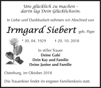 Traueranzeige von Irmgard Siebert (geb. Pape)  von Magdeburger Volksstimme