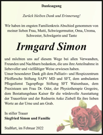 Traueranzeige von Irmgard Simon  von Magdeburger Volksstimme