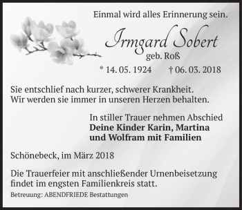 Traueranzeige von Irmgard Sobert (geb. Roß)  von Magdeburger Volksstimme