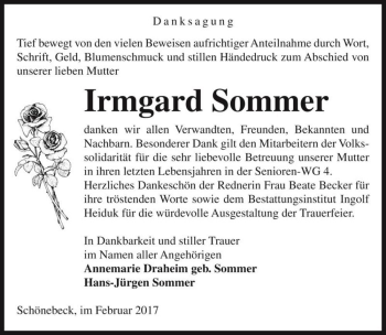 Traueranzeige von Irmgard Sommer  von Magdeburger Volksstimme