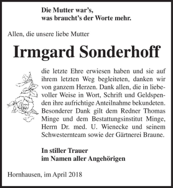 Traueranzeige von Irmgard Sonderhoff  von Magdeburger Volksstimme