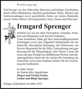 Traueranzeige von Irmgard Sprenger  von Magdeburger Volksstimme