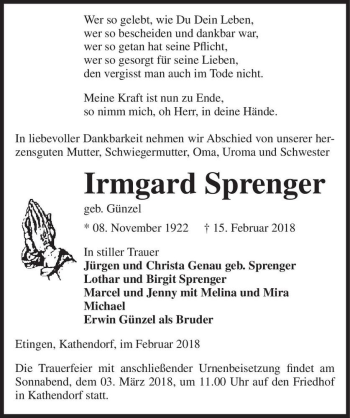Traueranzeige von Irmgard Sprenger (geb. Günzel)  von Magdeburger Volksstimme